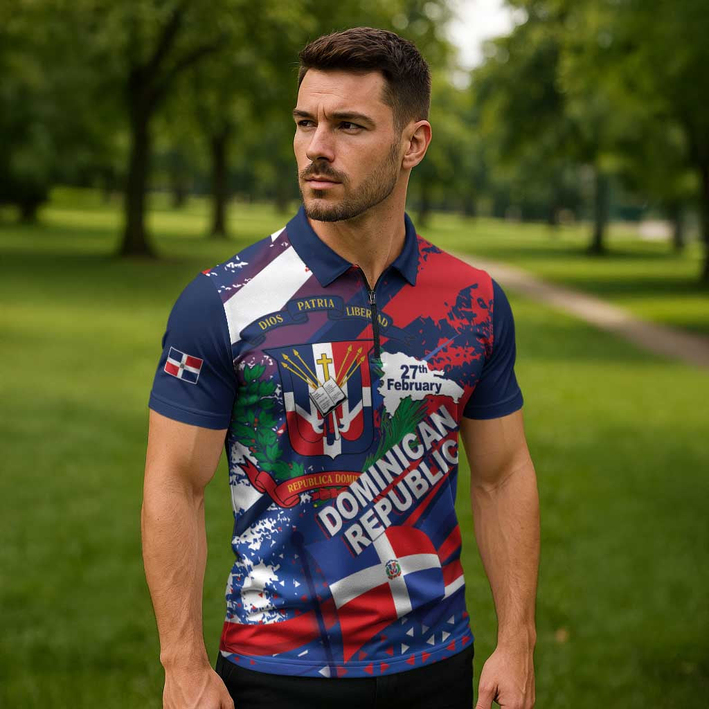 Dominican Republic Independence Day Zipper Polo Shirt 27th February Coat Of Arms Grunge Texture
