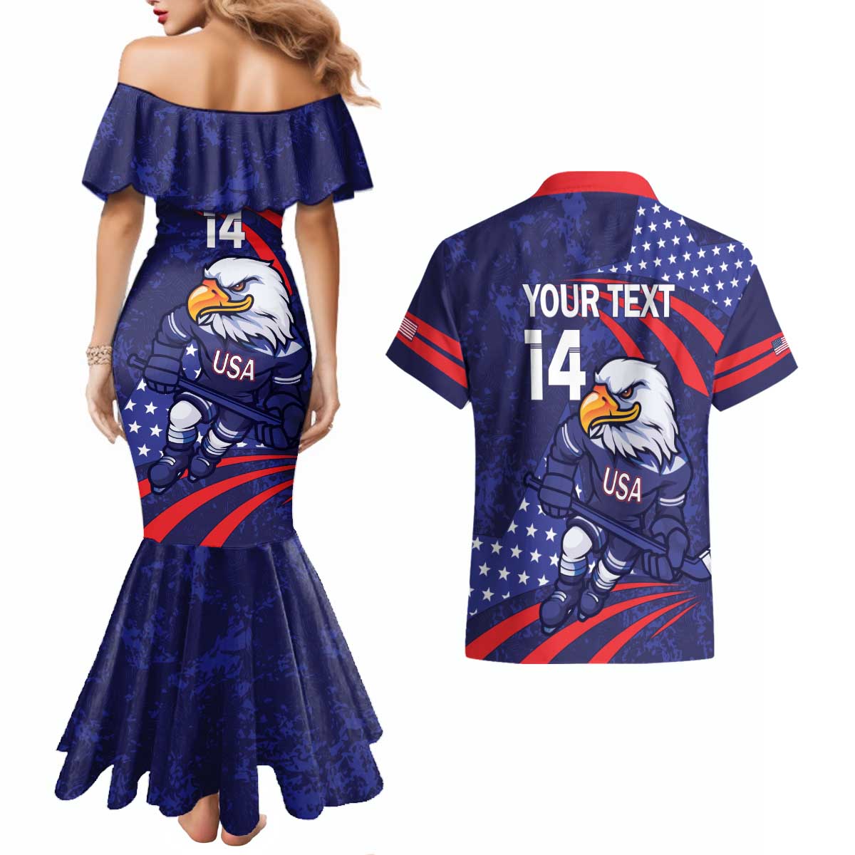 Custom USA Ice Hockey Couples Matching Mermaid Dress and Hawaiian Shirt United States Eagle Mascot