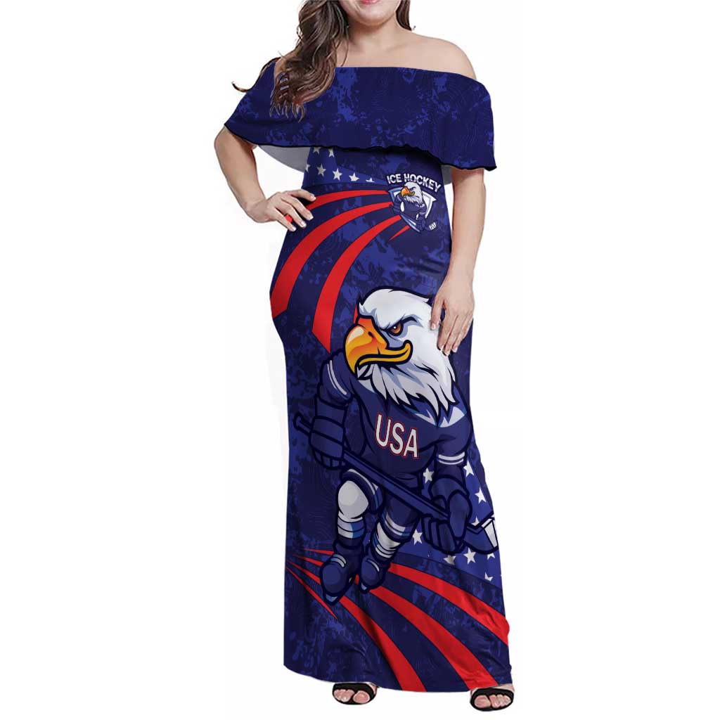 Custom USA Ice Hockey Family Matching Off Shoulder Maxi Dress and Hawaiian Shirt United States Eagle Mascot