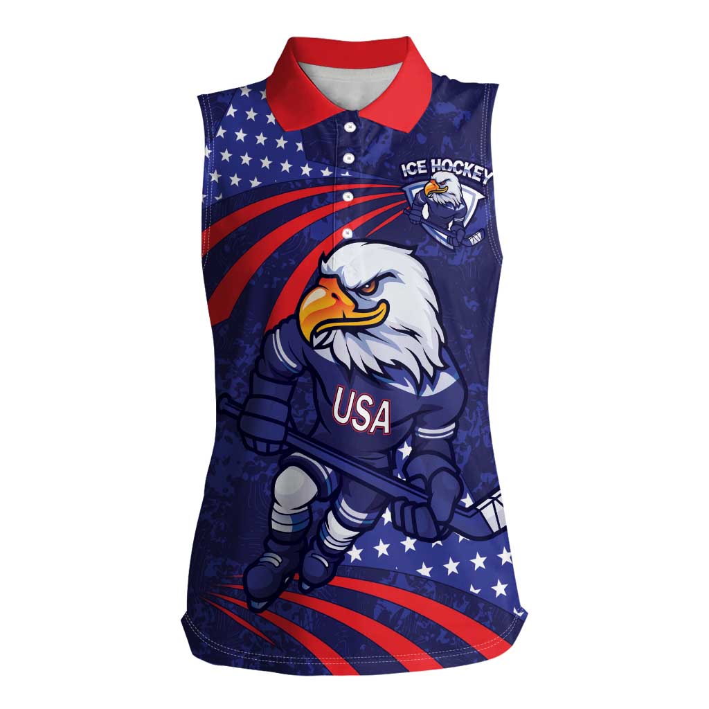 Custom USA Ice Hockey Women Sleeveless Polo Shirt United States Eagle Mascot