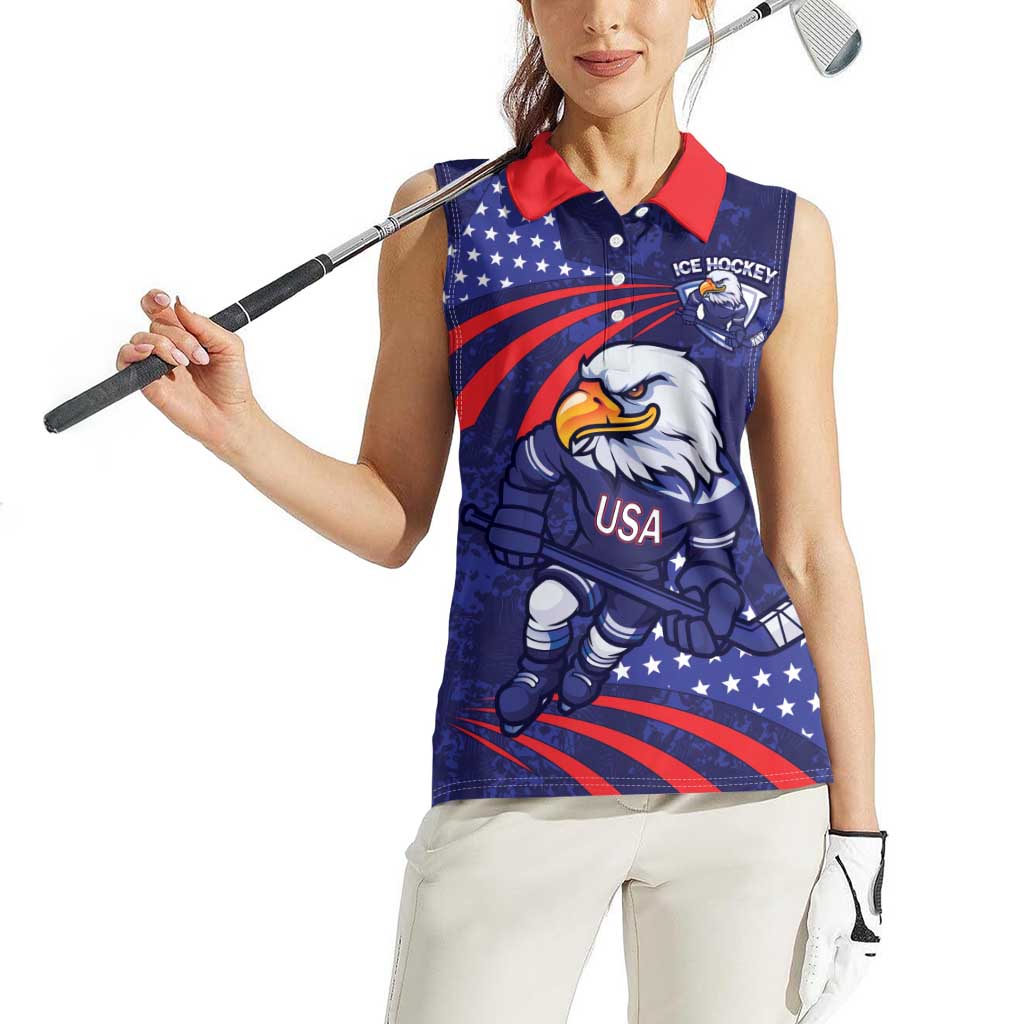 Custom USA Ice Hockey Women Sleeveless Polo Shirt United States Eagle Mascot