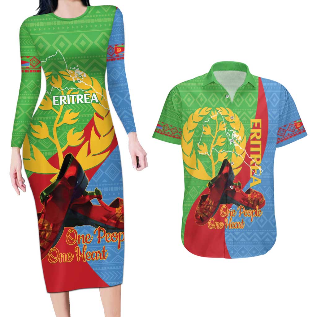 Personalised Eritrea Independence Day Couples Matching Long Sleeve Bodycon Dress and Hawaiian Shirt Shida Shoes One People One Heart