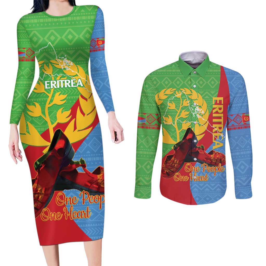 Personalised Eritrea Independence Day Couples Matching Long Sleeve Bodycon Dress and Long Sleeve Button Shirt Shida Shoes One People One Heart
