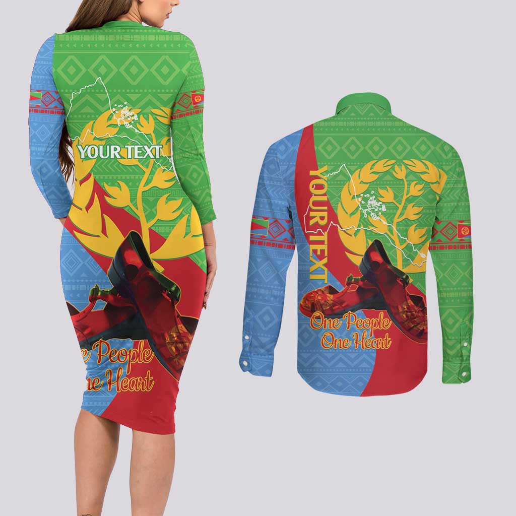 Personalised Eritrea Independence Day Couples Matching Long Sleeve Bodycon Dress and Long Sleeve Button Shirt Shida Shoes One People One Heart