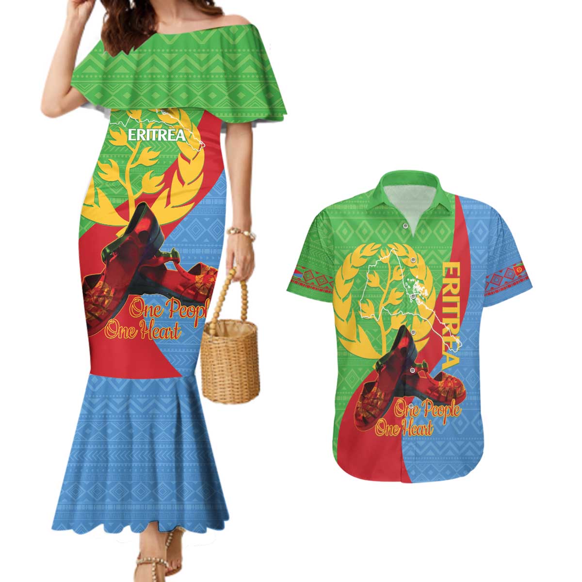 Personalised Eritrea Independence Day Couples Matching Mermaid Dress and Hawaiian Shirt Shida Shoes One People One Heart