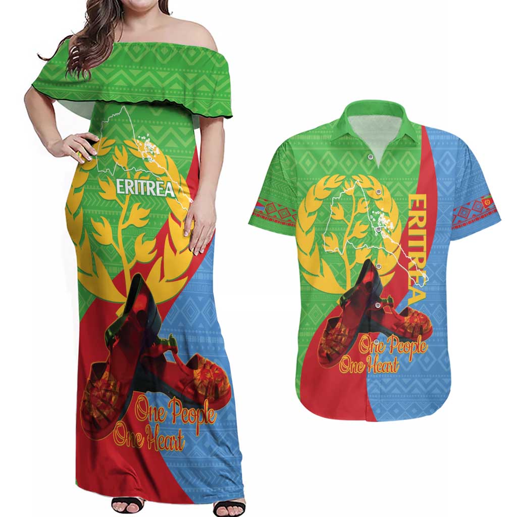 Personalised Eritrea Independence Day Couples Matching Off Shoulder Maxi Dress and Hawaiian Shirt Shida Shoes One People One Heart