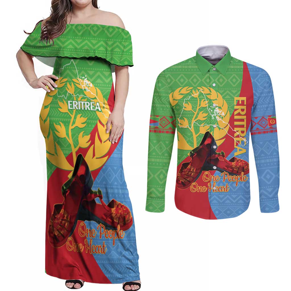 Personalised Eritrea Independence Day Couples Matching Off Shoulder Maxi Dress and Long Sleeve Button Shirt Shida Shoes One People One Heart