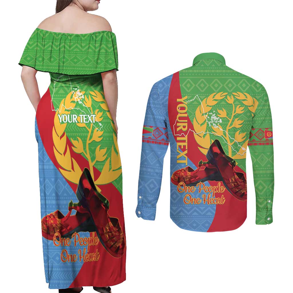 Personalised Eritrea Independence Day Couples Matching Off Shoulder Maxi Dress and Long Sleeve Button Shirt Shida Shoes One People One Heart