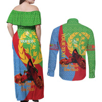 Personalised Eritrea Independence Day Couples Matching Off Shoulder Maxi Dress and Long Sleeve Button Shirt Shida Shoes One People One Heart