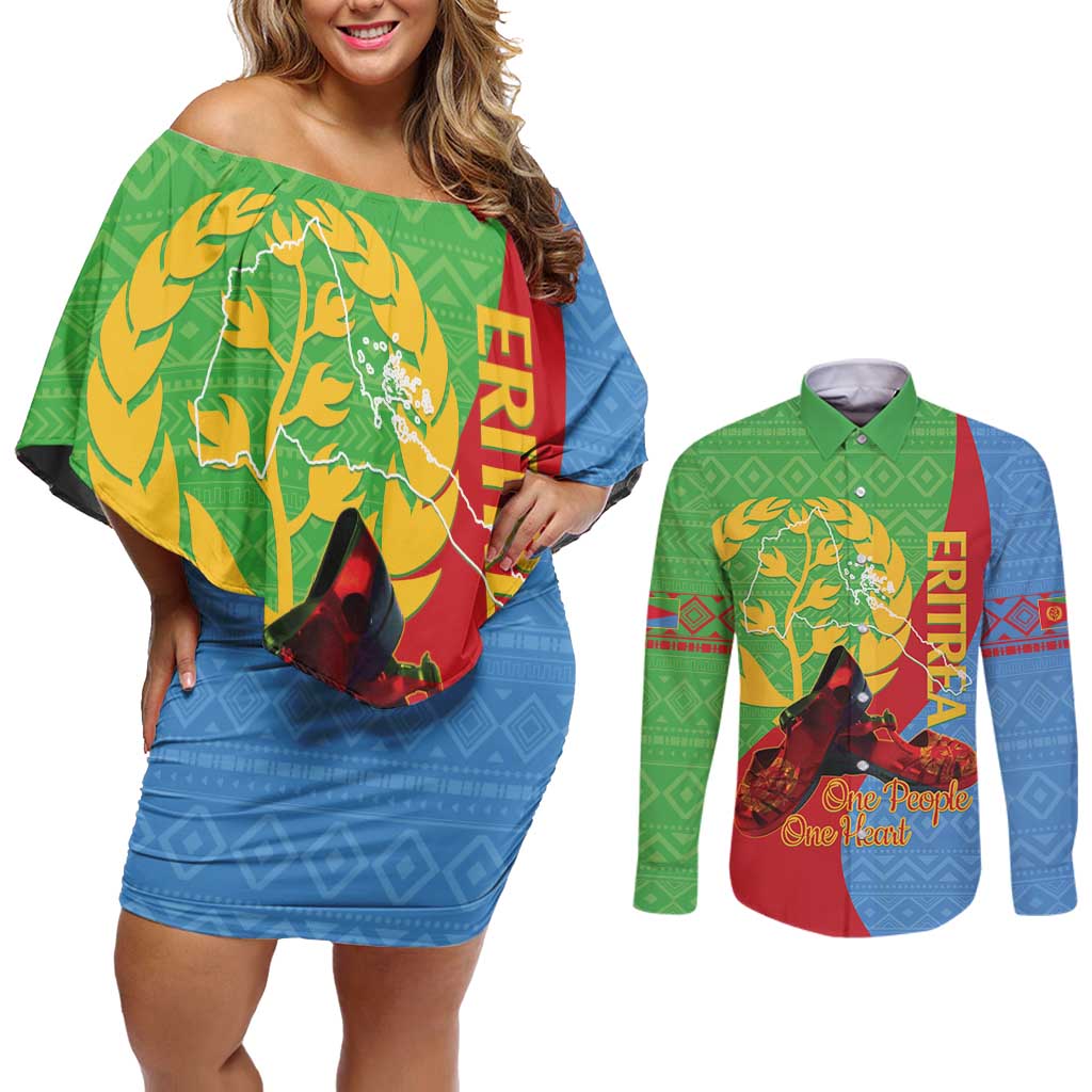 Personalised Eritrea Independence Day Couples Matching Off Shoulder Short Dress and Long Sleeve Button Shirt Shida Shoes One People One Heart