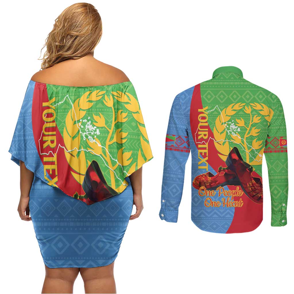 Personalised Eritrea Independence Day Couples Matching Off Shoulder Short Dress and Long Sleeve Button Shirt Shida Shoes One People One Heart