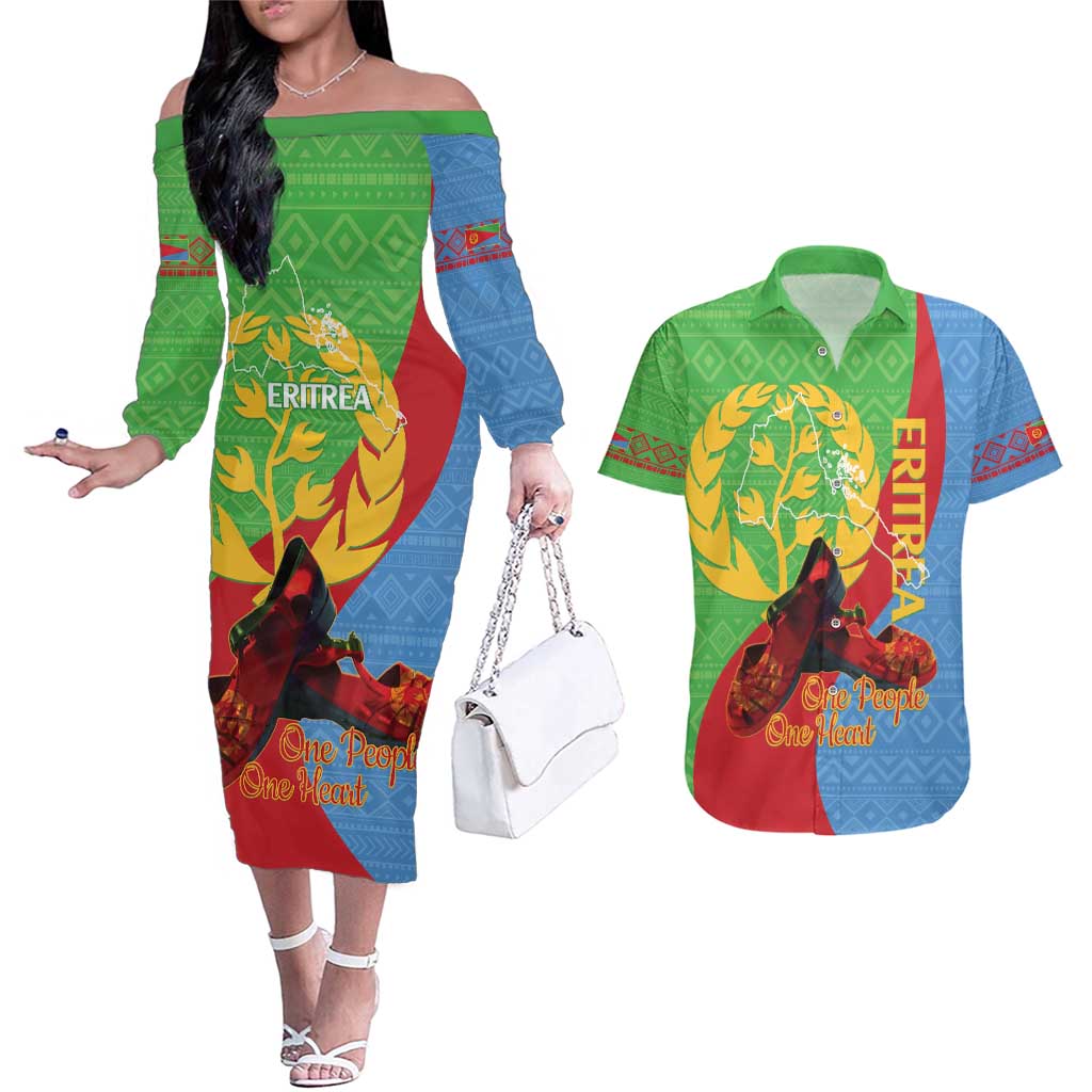 Personalised Eritrea Independence Day Couples Matching Off The Shoulder Long Sleeve Dress and Hawaiian Shirt Shida Shoes One People One Heart