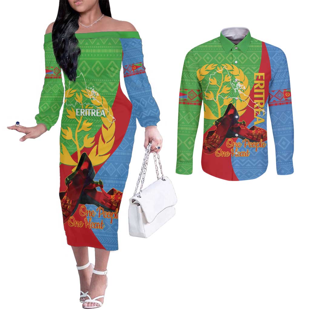 Personalised Eritrea Independence Day Couples Matching Off The Shoulder Long Sleeve Dress and Long Sleeve Button Shirt Shida Shoes One People One Heart