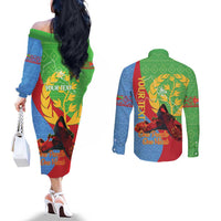Personalised Eritrea Independence Day Couples Matching Off The Shoulder Long Sleeve Dress and Long Sleeve Button Shirt Shida Shoes One People One Heart