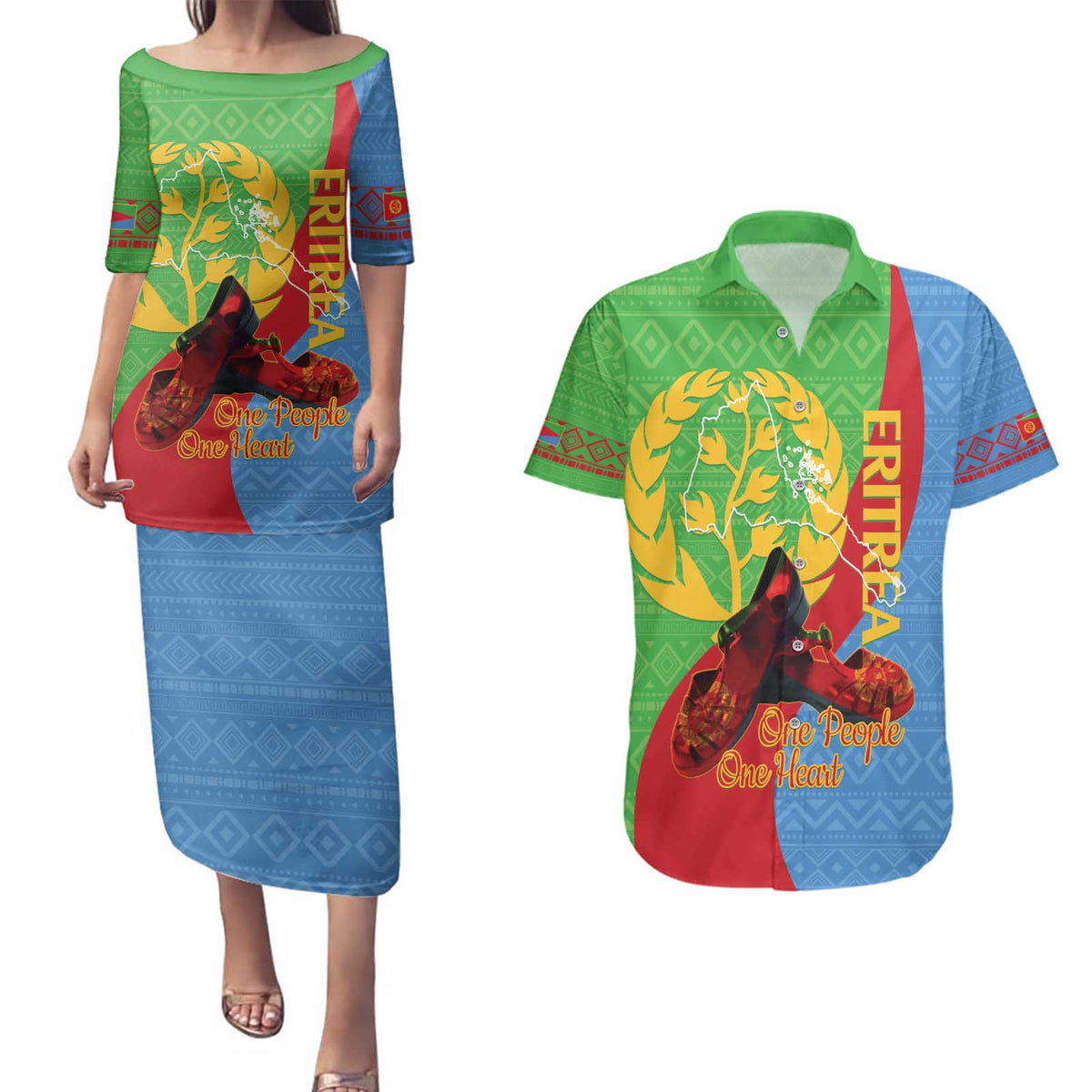 Personalised Eritrea Independence Day Couples Matching Puletasi and Hawaiian Shirt Shida Shoes One People One Heart