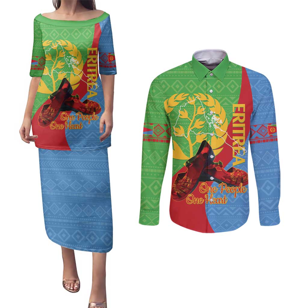 Personalised Eritrea Independence Day Couples Matching Puletasi and Long Sleeve Button Shirt Shida Shoes One People One Heart