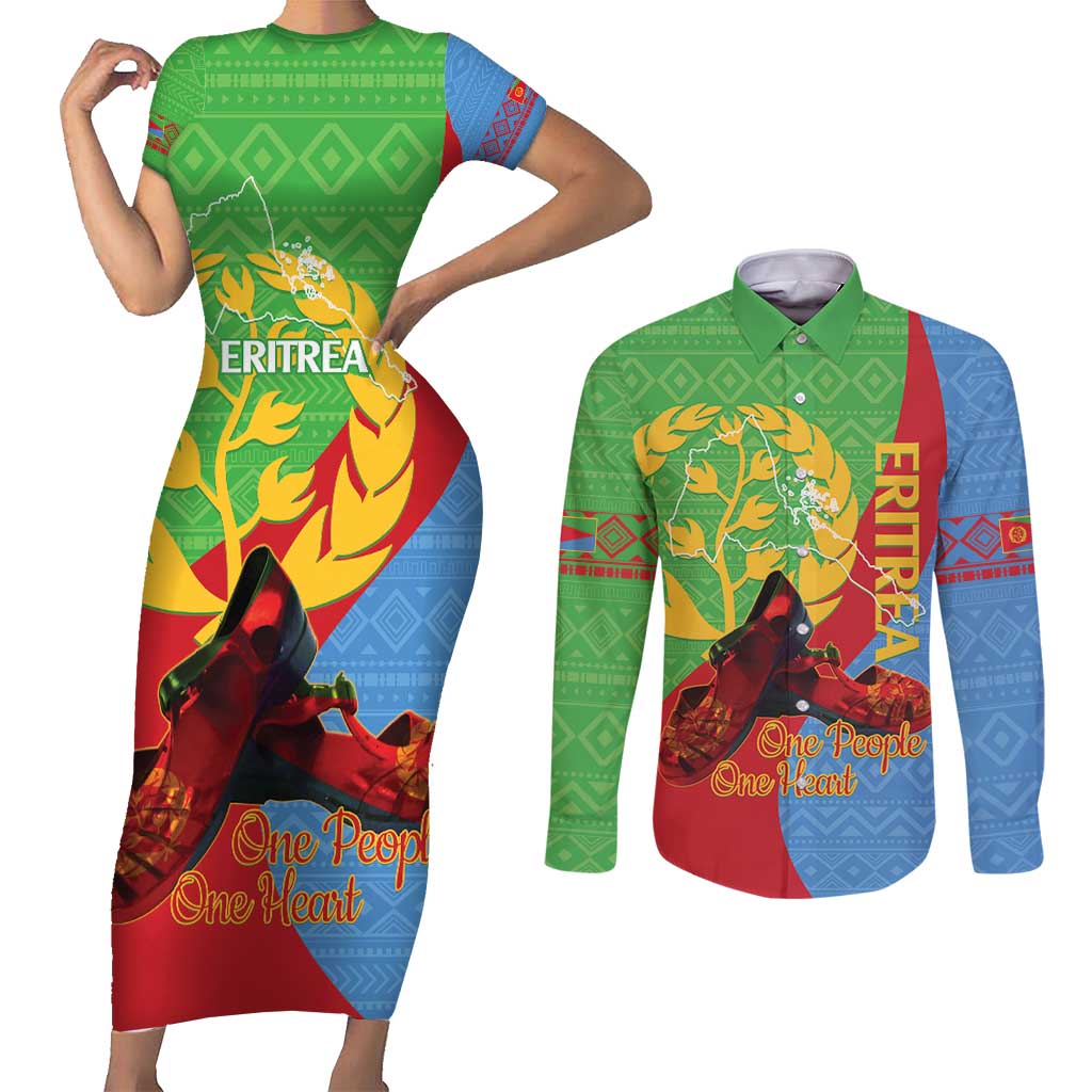 Personalised Eritrea Independence Day Couples Matching Short Sleeve Bodycon Dress and Long Sleeve Button Shirt Shida Shoes One People One Heart