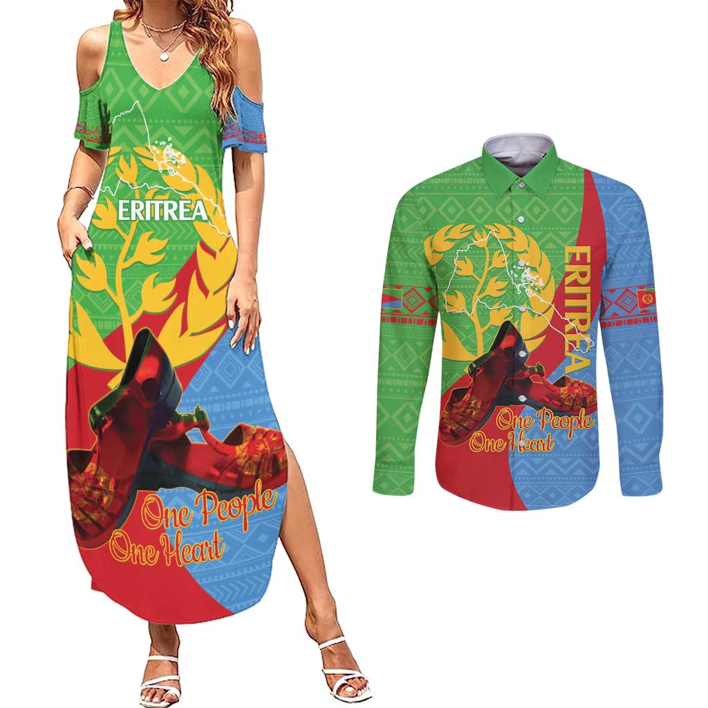 Personalised Eritrea Independence Day Couples Matching Summer Maxi Dress and Long Sleeve Button Shirt Shida Shoes One People One Heart
