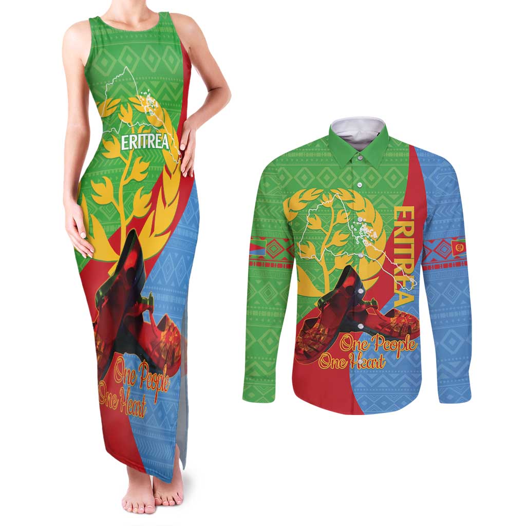 Personalised Eritrea Independence Day Couples Matching Tank Maxi Dress and Long Sleeve Button Shirt Shida Shoes One People One Heart