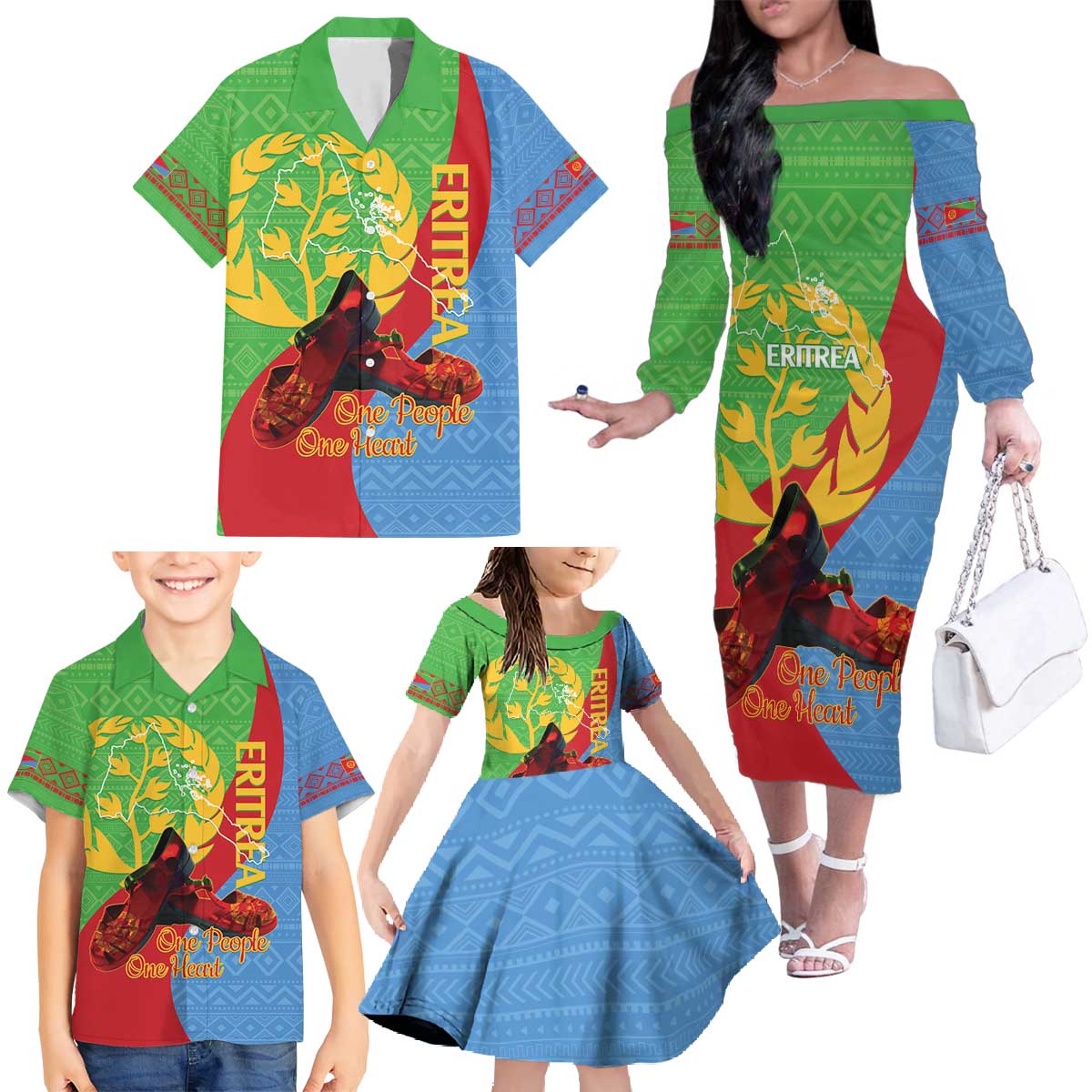 Personalised Eritrea Independence Day Family Matching Off The Shoulder Long Sleeve Dress and Hawaiian Shirt Shida Shoes One People One Heart