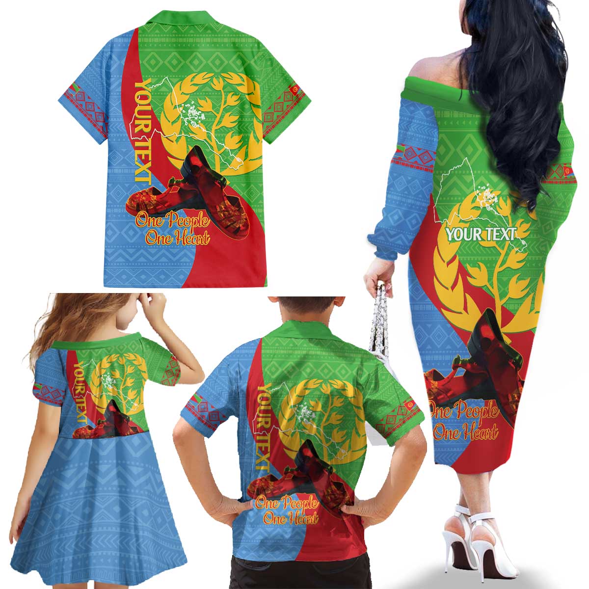 Personalised Eritrea Independence Day Family Matching Off The Shoulder Long Sleeve Dress and Hawaiian Shirt Shida Shoes One People One Heart