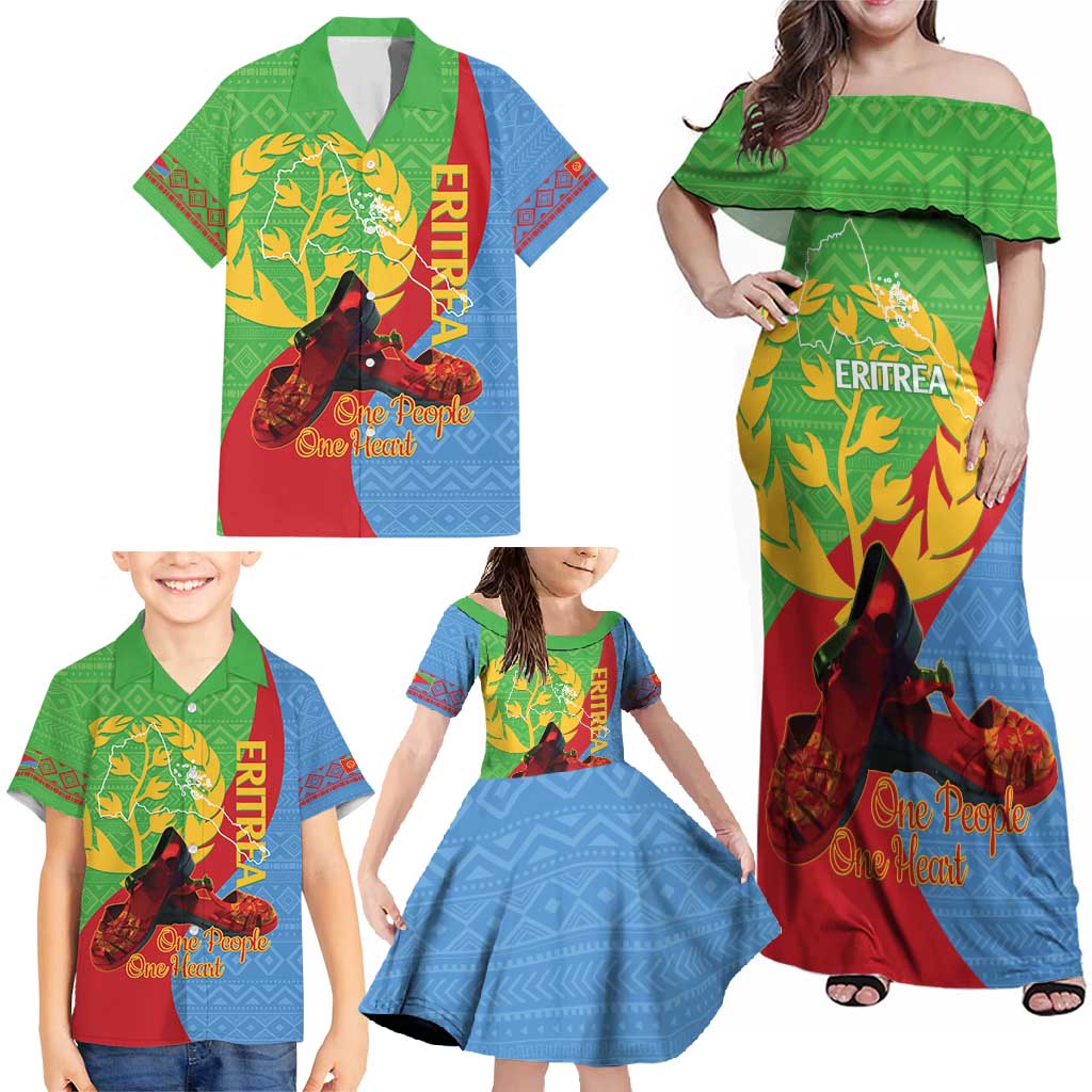 Personalised Eritrea Independence Day Family Matching Off Shoulder Maxi Dress and Hawaiian Shirt Shida Shoes One People One Heart