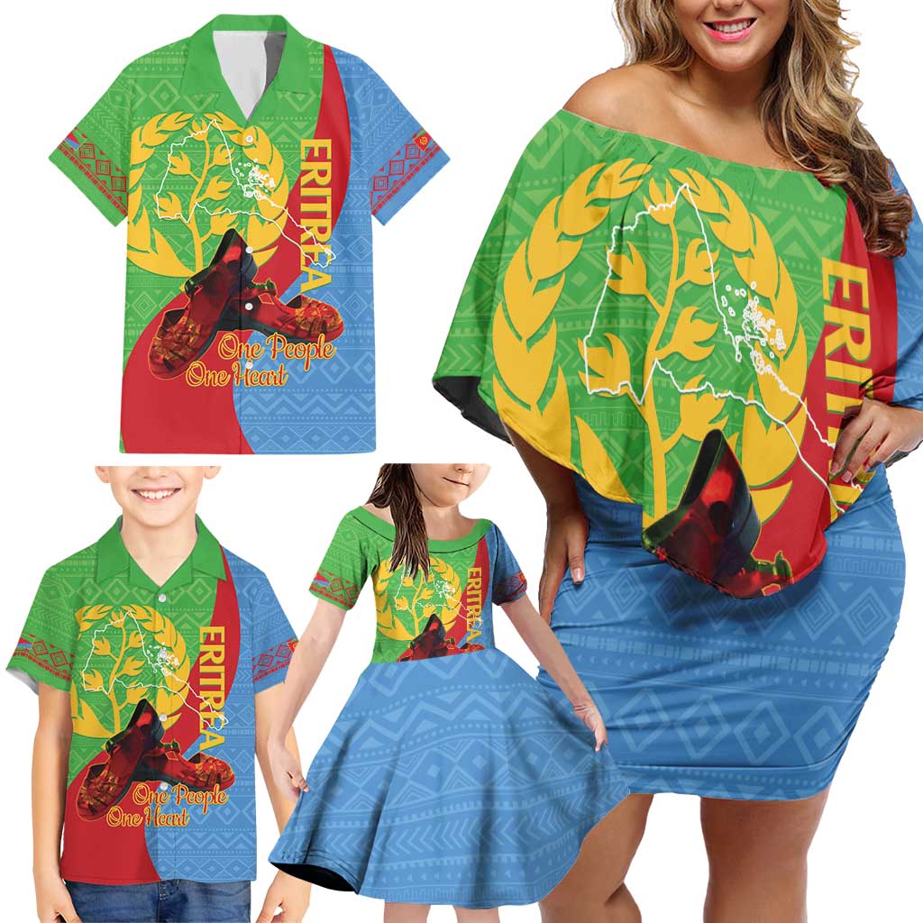 Personalised Eritrea Independence Day Family Matching Off Shoulder Short Dress and Hawaiian Shirt Shida Shoes One People One Heart
