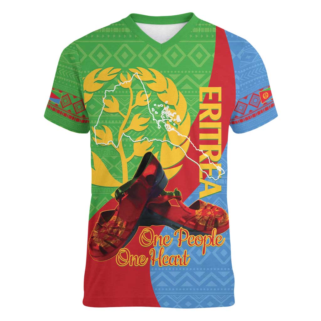Personalised Eritrea Independence Day Women V-Neck T-Shirt Shida Shoes One People One Heart