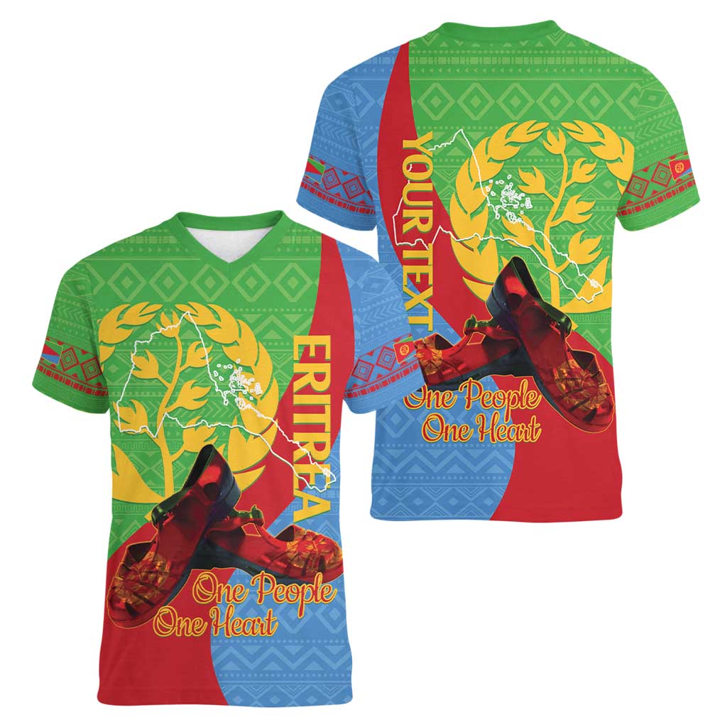 Personalised Eritrea Independence Day Women V-Neck T-Shirt Shida Shoes One People One Heart