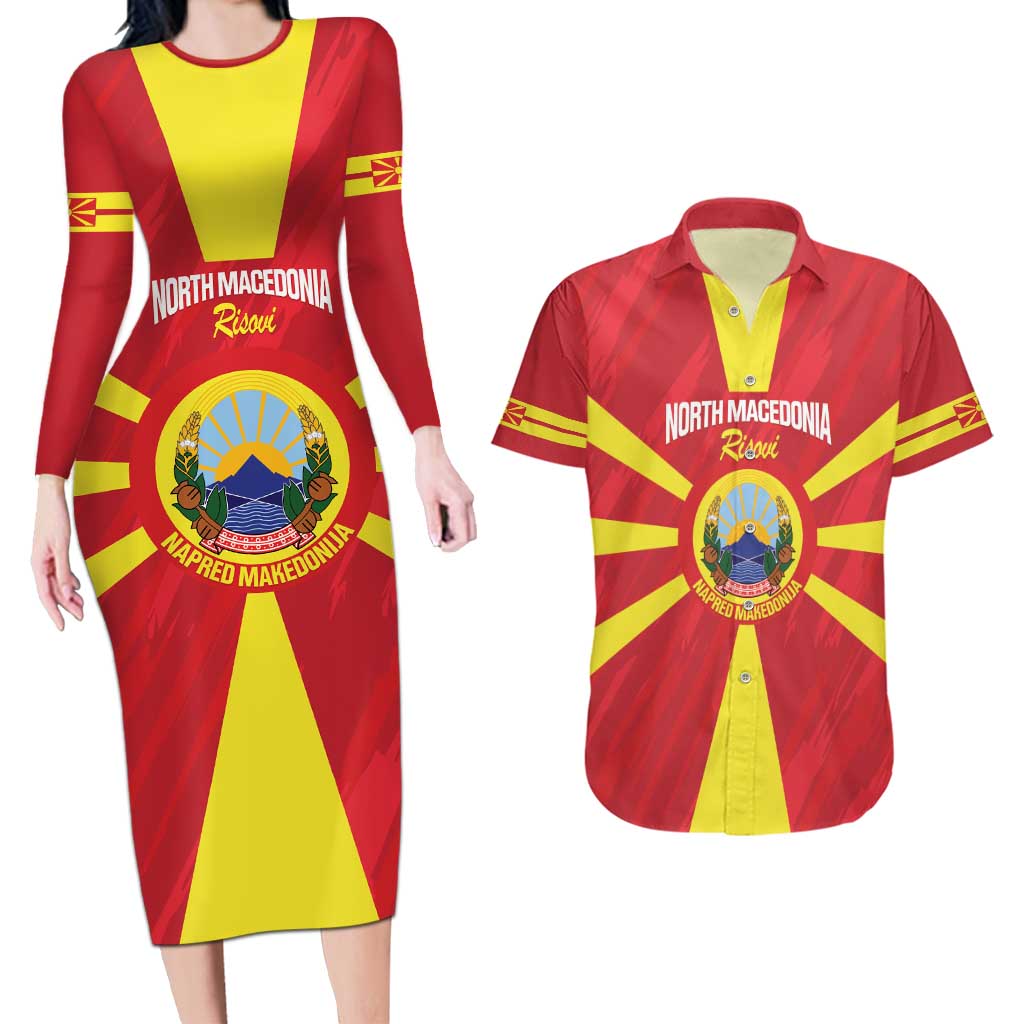 Custom North Macedonia Football Couples Matching Long Sleeve Bodycon Dress and Hawaiian Shirt Risovi Napred Makedonija!