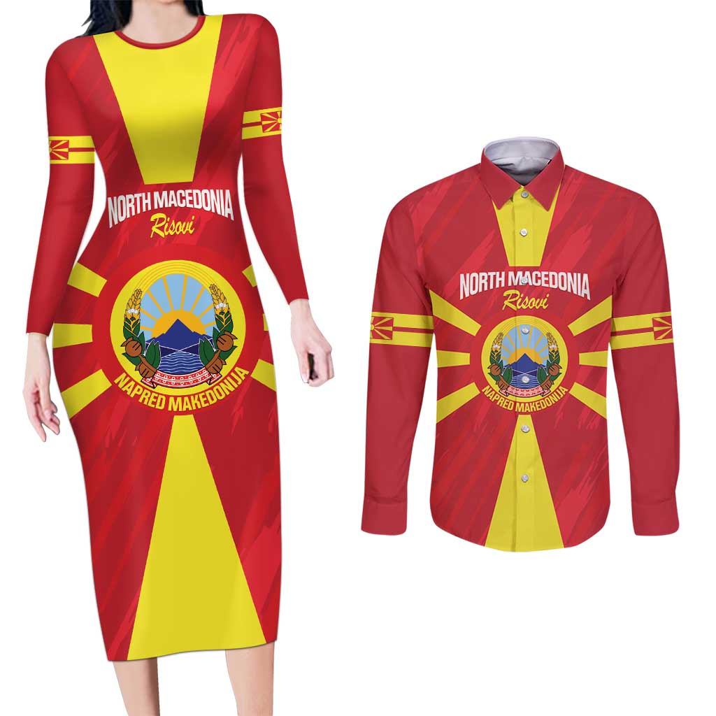 Custom North Macedonia Football Couples Matching Long Sleeve Bodycon Dress and Long Sleeve Button Shirt Risovi Napred Makedonija!