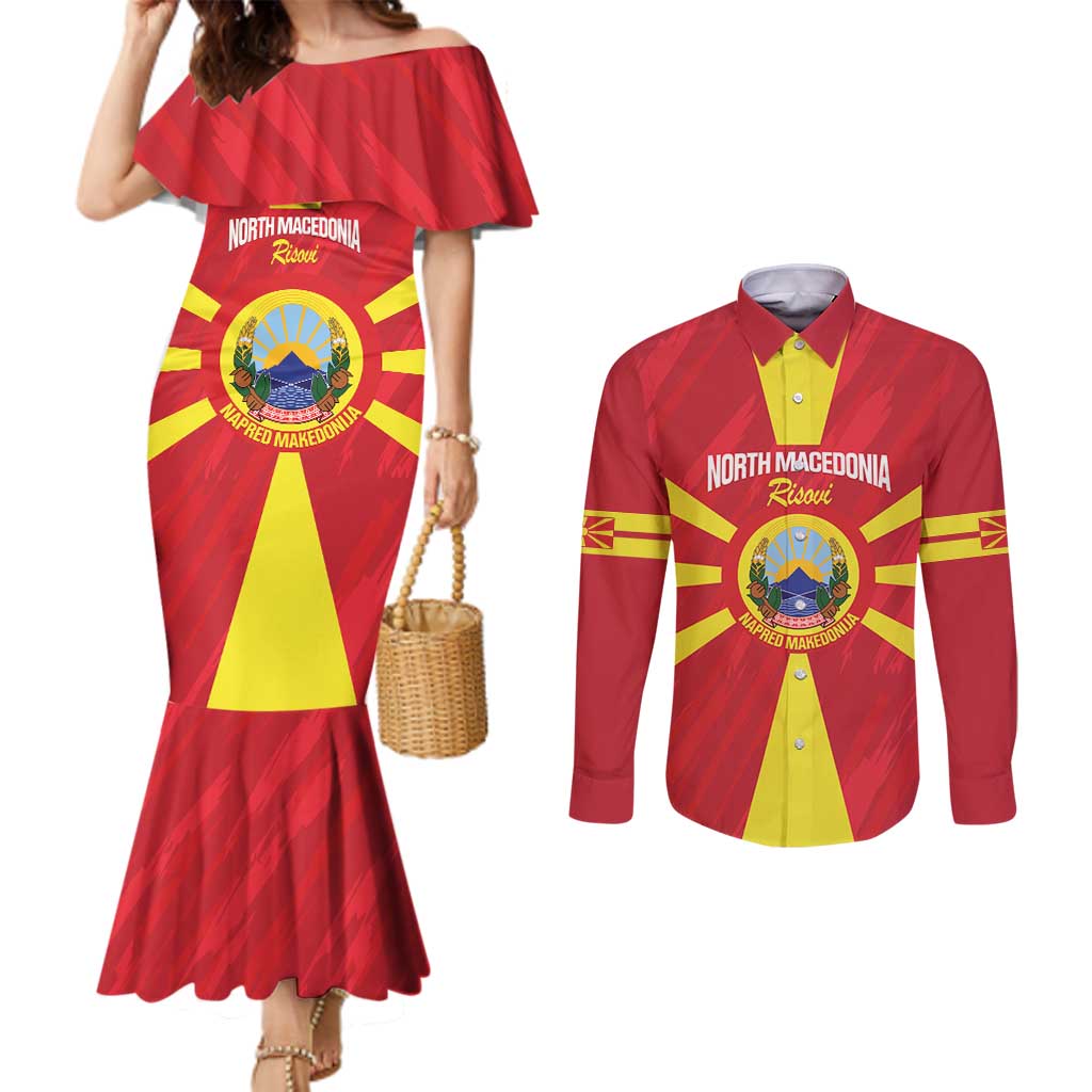Custom North Macedonia Football Couples Matching Mermaid Dress and Long Sleeve Button Shirt Risovi Napred Makedonija!