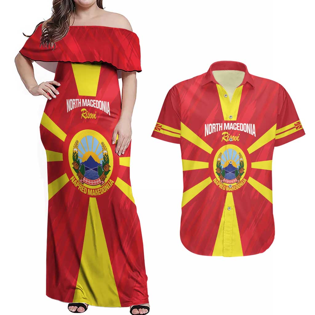 Custom North Macedonia Football Couples Matching Off Shoulder Maxi Dress and Hawaiian Shirt Risovi Napred Makedonija!