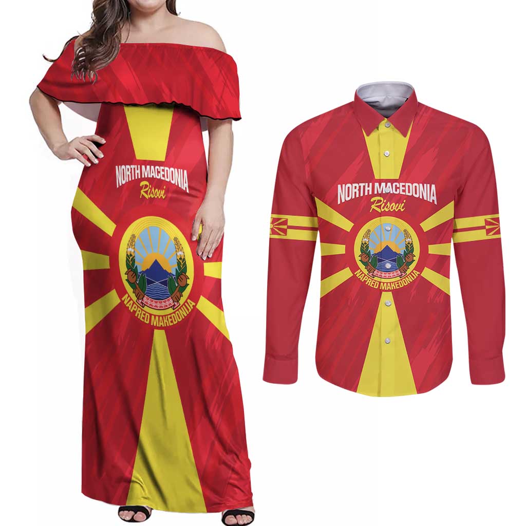 Custom North Macedonia Football Couples Matching Off Shoulder Maxi Dress and Long Sleeve Button Shirt Risovi Napred Makedonija!
