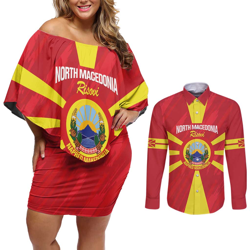 Custom North Macedonia Football Couples Matching Off Shoulder Short Dress and Long Sleeve Button Shirt Risovi Napred Makedonija!