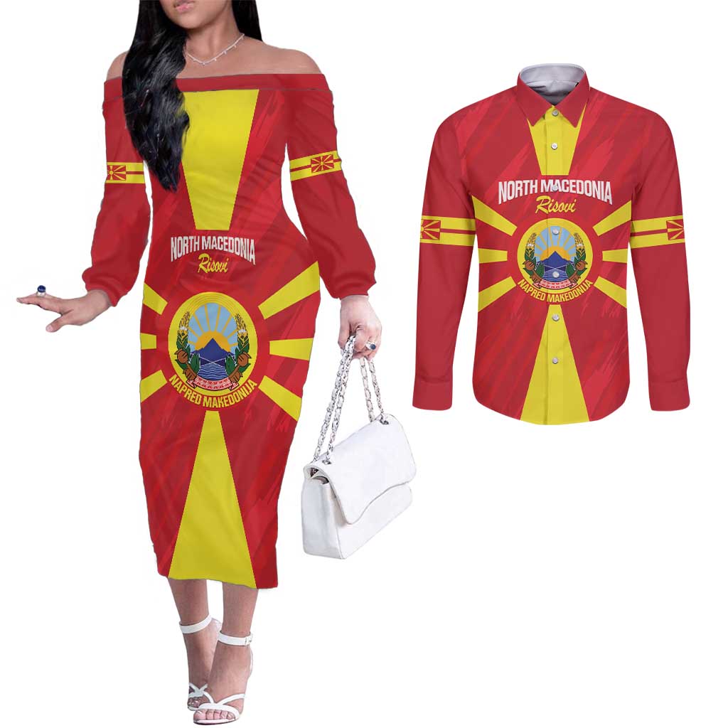Custom North Macedonia Football Couples Matching Off The Shoulder Long Sleeve Dress and Long Sleeve Button Shirt Risovi Napred Makedonija!