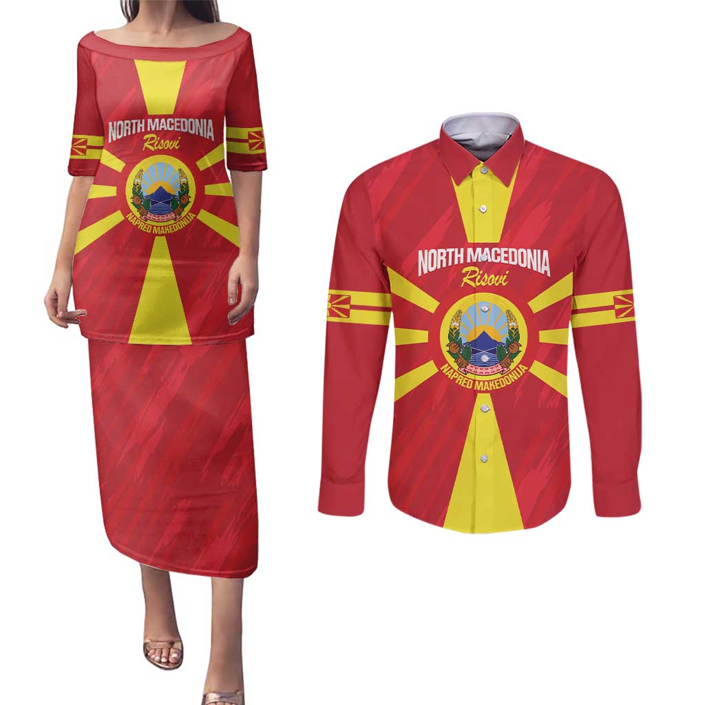 Custom North Macedonia Football Couples Matching Puletasi and Long Sleeve Button Shirt Risovi Napred Makedonija!