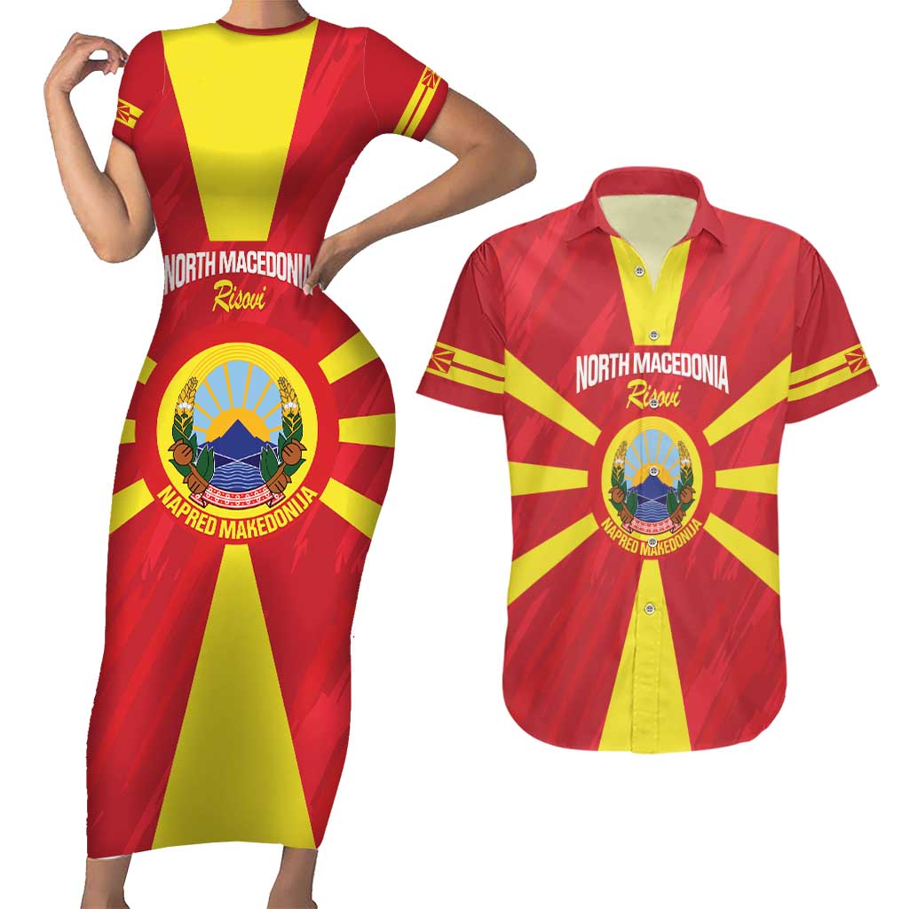 Custom North Macedonia Football Couples Matching Short Sleeve Bodycon Dress and Hawaiian Shirt Risovi Napred Makedonija!
