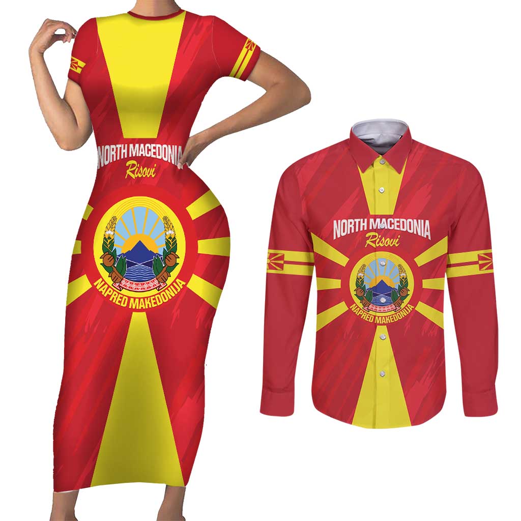 Custom North Macedonia Football Couples Matching Short Sleeve Bodycon Dress and Long Sleeve Button Shirt Risovi Napred Makedonija!