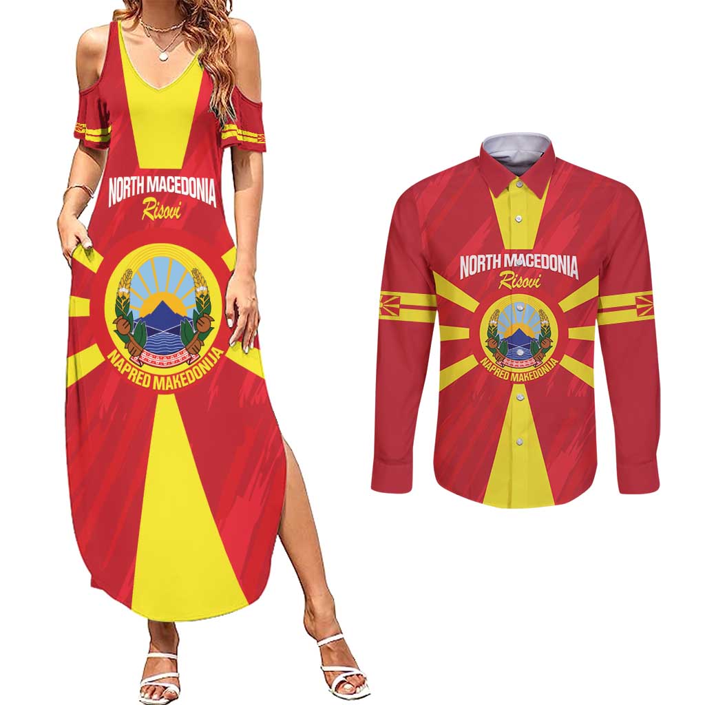 Custom North Macedonia Football Couples Matching Summer Maxi Dress and Long Sleeve Button Shirt Risovi Napred Makedonija!