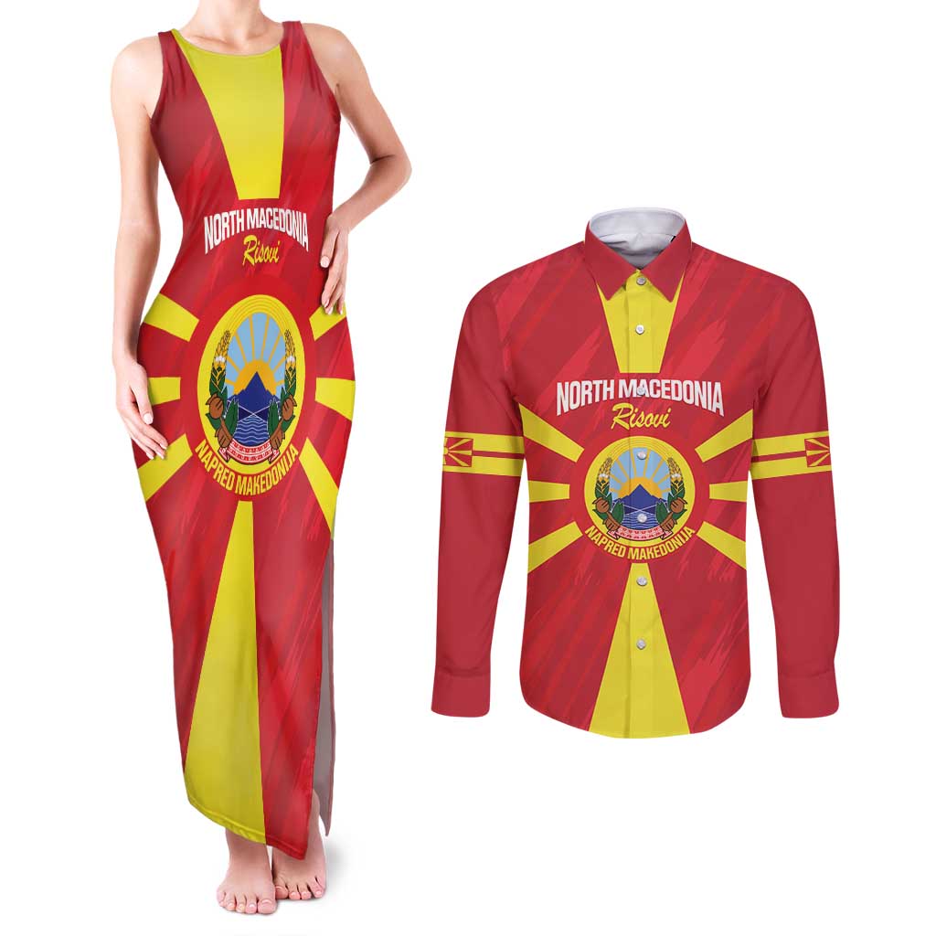 Custom North Macedonia Football Couples Matching Tank Maxi Dress and Long Sleeve Button Shirt Risovi Napred Makedonija!