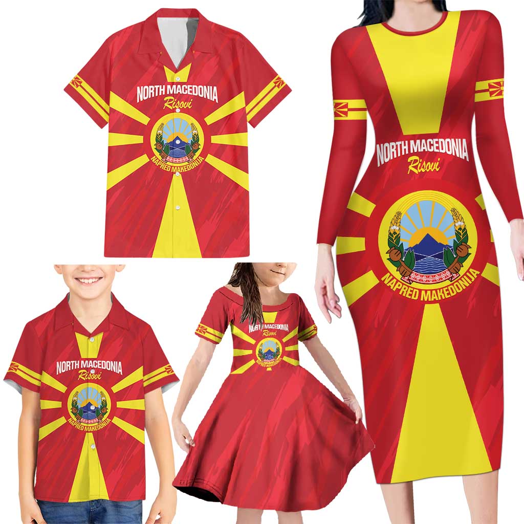 Custom North Macedonia Football Family Matching Long Sleeve Bodycon Dress and Hawaiian Shirt Risovi Napred Makedonija!