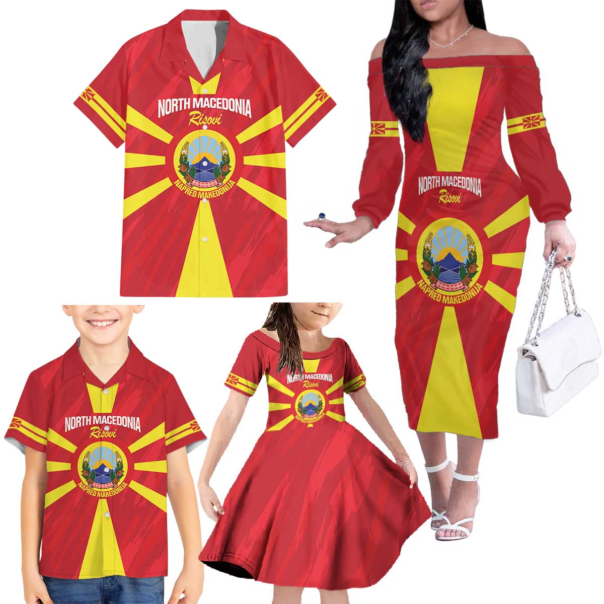 Custom North Macedonia Football Family Matching Off The Shoulder Long Sleeve Dress and Hawaiian Shirt Risovi Napred Makedonija!