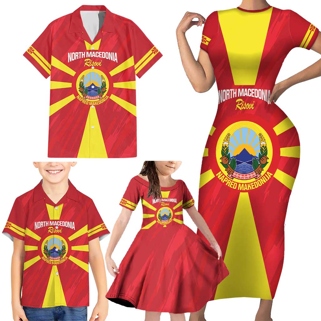 Custom North Macedonia Football Family Matching Short Sleeve Bodycon Dress and Hawaiian Shirt Risovi Napred Makedonija!