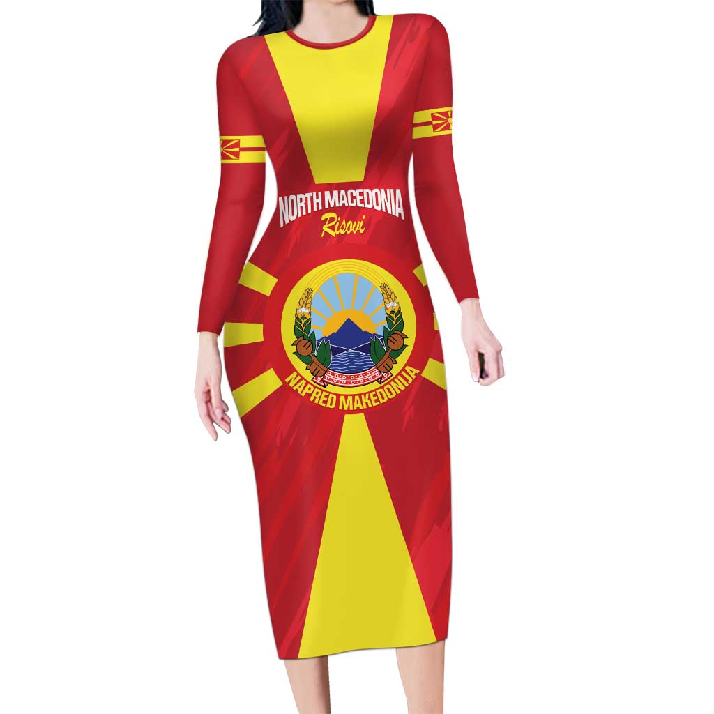 Custom North Macedonia Football Long Sleeve Bodycon Dress Risovi Napred Makedonija!