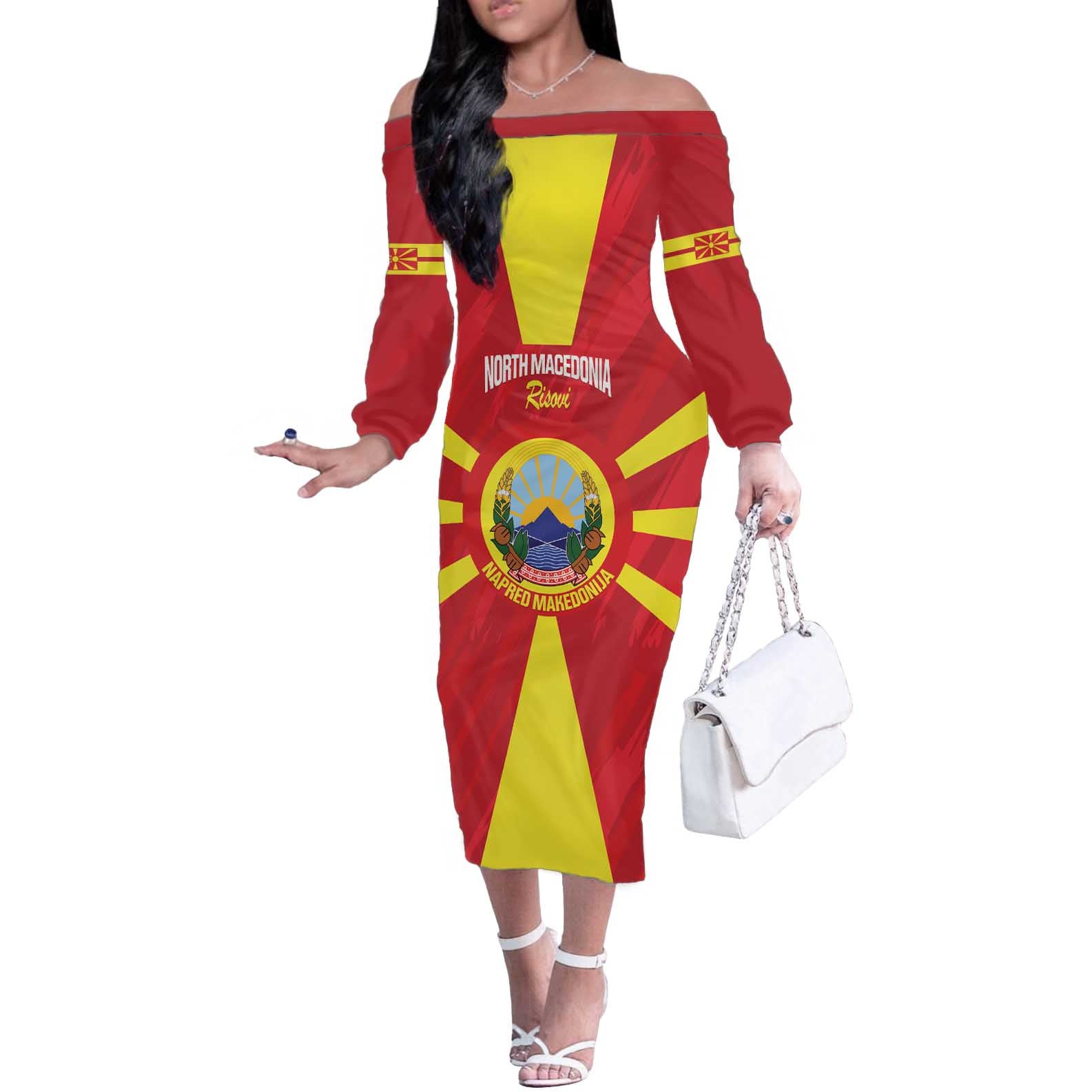 Custom North Macedonia Football Off The Shoulder Long Sleeve Dress Risovi Napred Makedonija!