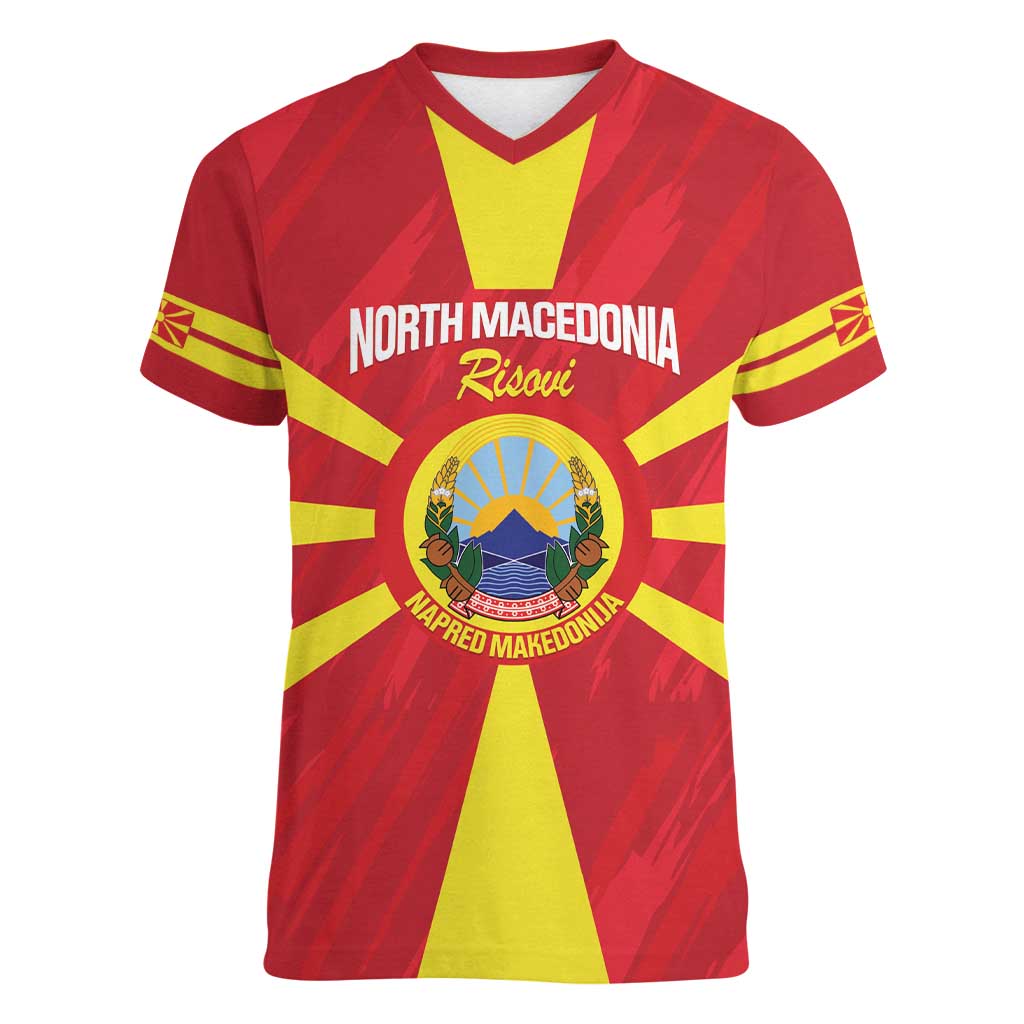 Custom North Macedonia Football Women V-Neck T-Shirt Risovi Napred Makedonija!