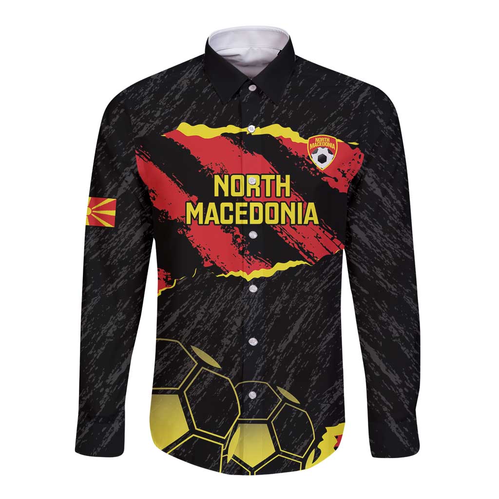 Custom North Macedonia Football Long Sleeve Button Shirt Go Champions Grunge Style