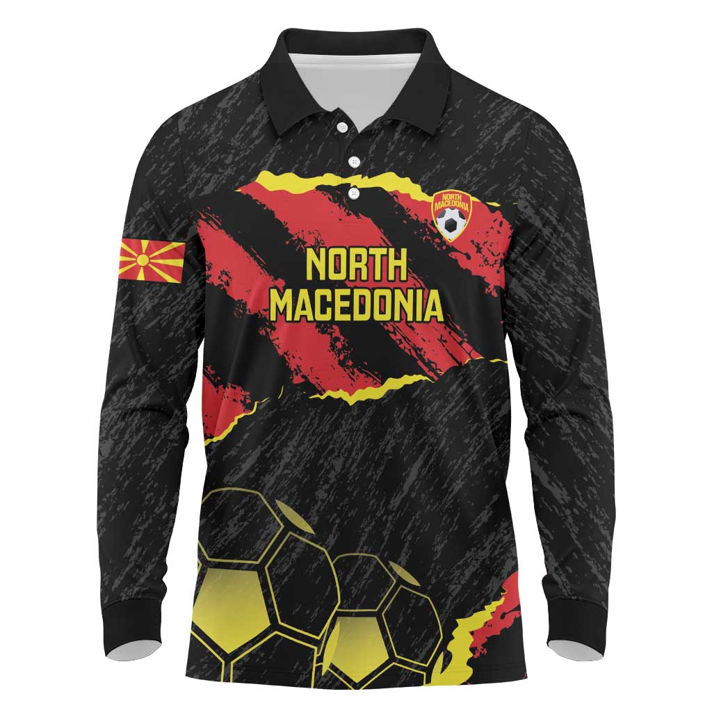 Custom North Macedonia Football Long Sleeve Polo Shirt Go Champions Grunge Style