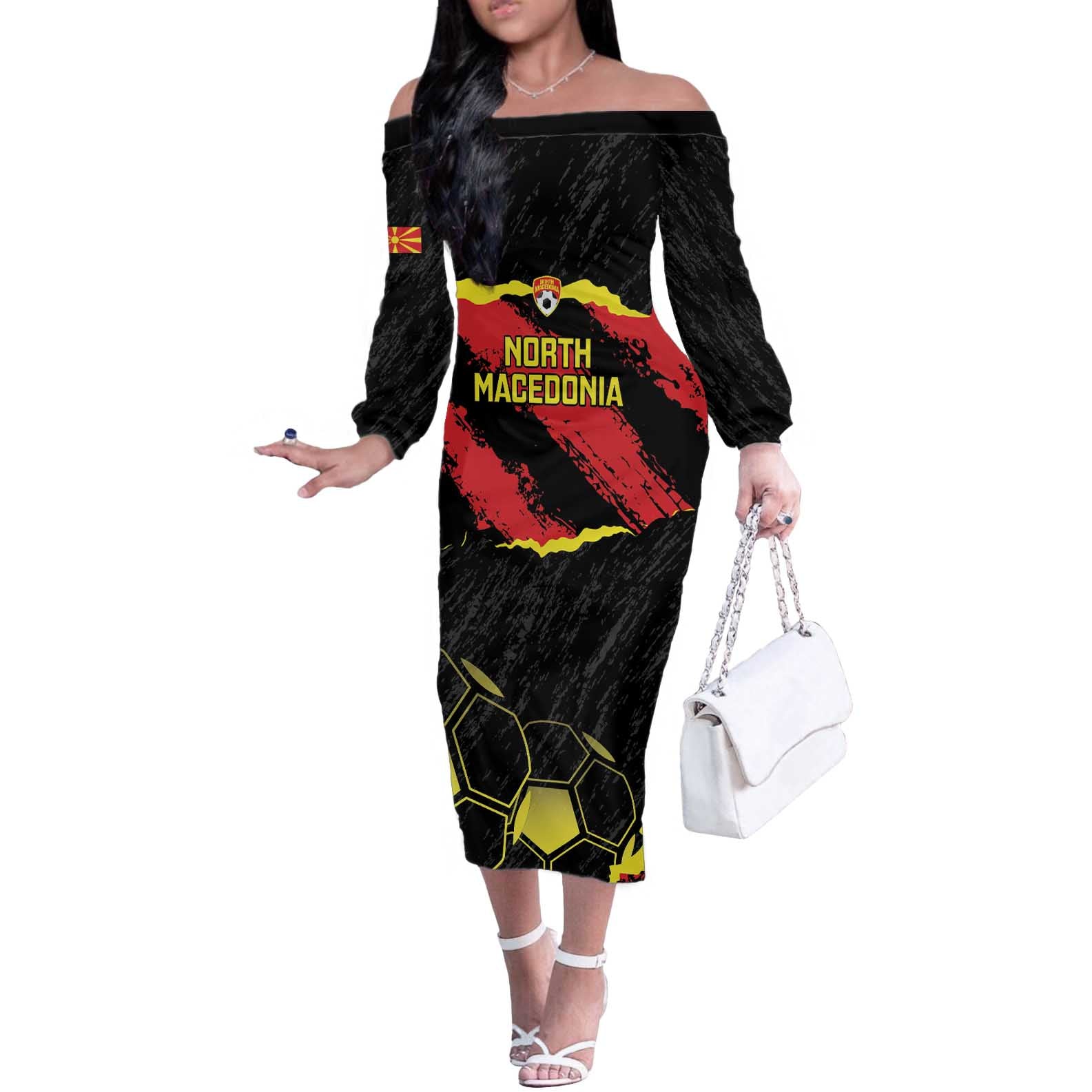 Custom North Macedonia Football Off The Shoulder Long Sleeve Dress Go Champions Grunge Style